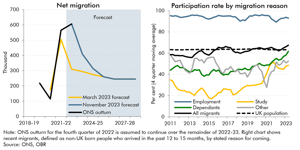 Line charts showing net migration and participation rate by migration reason 