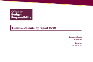 Fiscal sustainability report 2020 intro slide for Robert Chote's presentation featuring OBR logo and date and location of presentation (14 July 2020 and London)