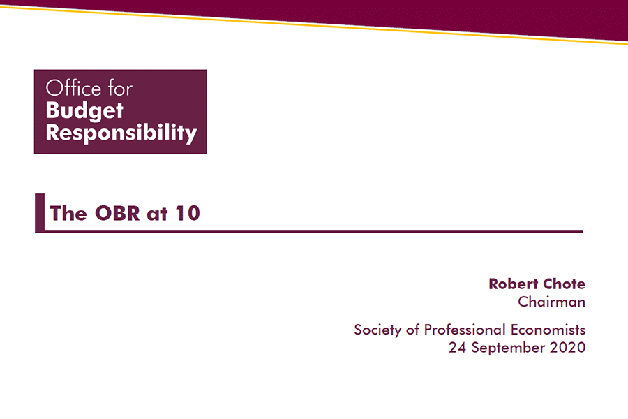 The OBR at 10 intro slide for Robert Chote's presentation to the Society of Professional Economists featuring OBR logo and date of presentation (24 September 2020)
